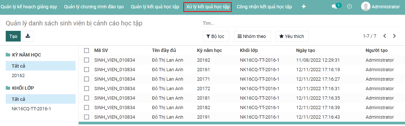 Các tính năng Xử lý kết quả học tập